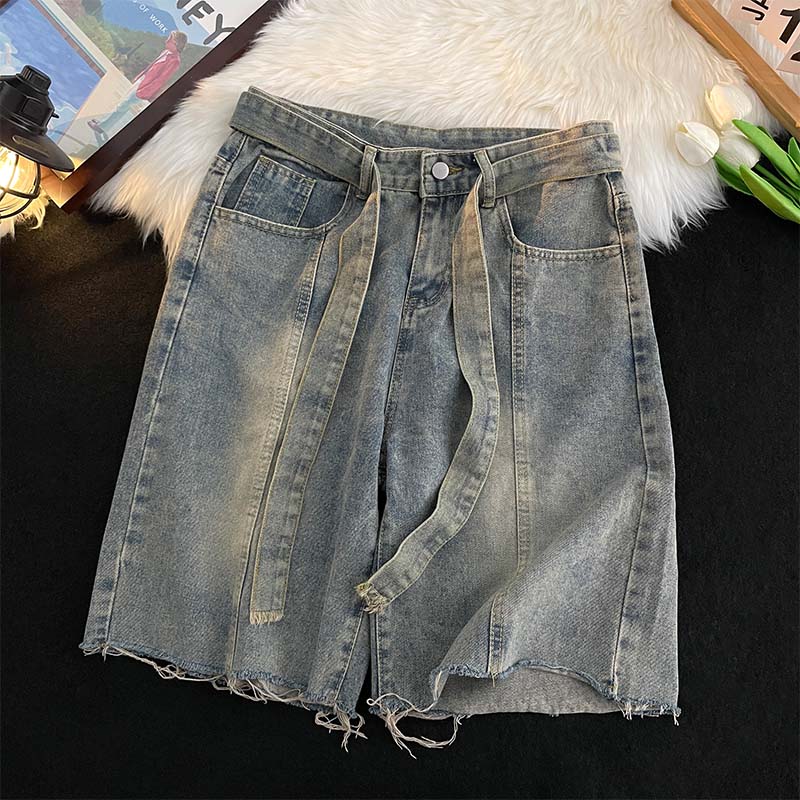 Street Fashion In Japanese - 夏薄いフリンジデニムショーツ日本のハイストリートカジュアルルーズ膝丈パンツファッション多用途ブルーハンサムなズボン