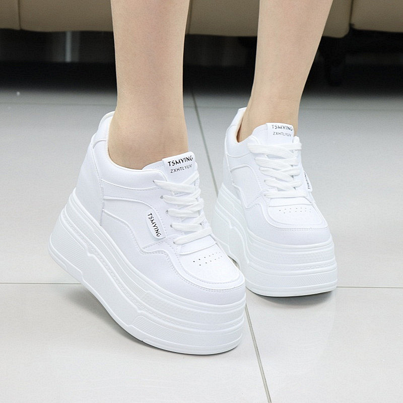 Chunky Sneaker Platform - 秋の新作レディースチャンキープラットフォームスニーカー、12cm厚底ホワイトスケートシューズ、カジュアルで多用途な隠しウェッジソール