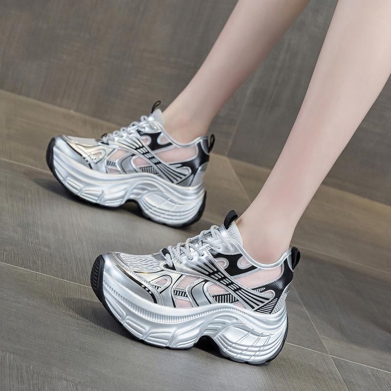 Chunky Sneaker Platform - 8cm隠し身長アッププラットフォームスニーカー レディース 通気性メッシュチャンキーシューズ ファッションエレベーターカジュアルウォーキングスポーツシューズ