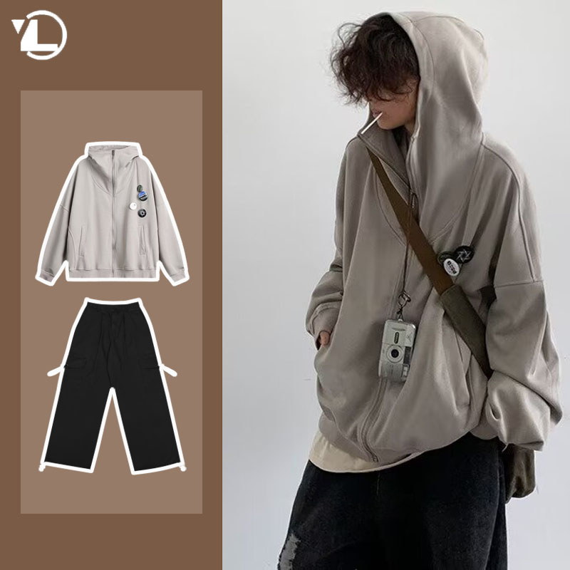 Street Fashion In Japanese - メンズスウェットシャツセット,和風カジュアルウェア,ジッパー付きフリース,レトロ,ワイドレッグ,ストリートウェア,秋