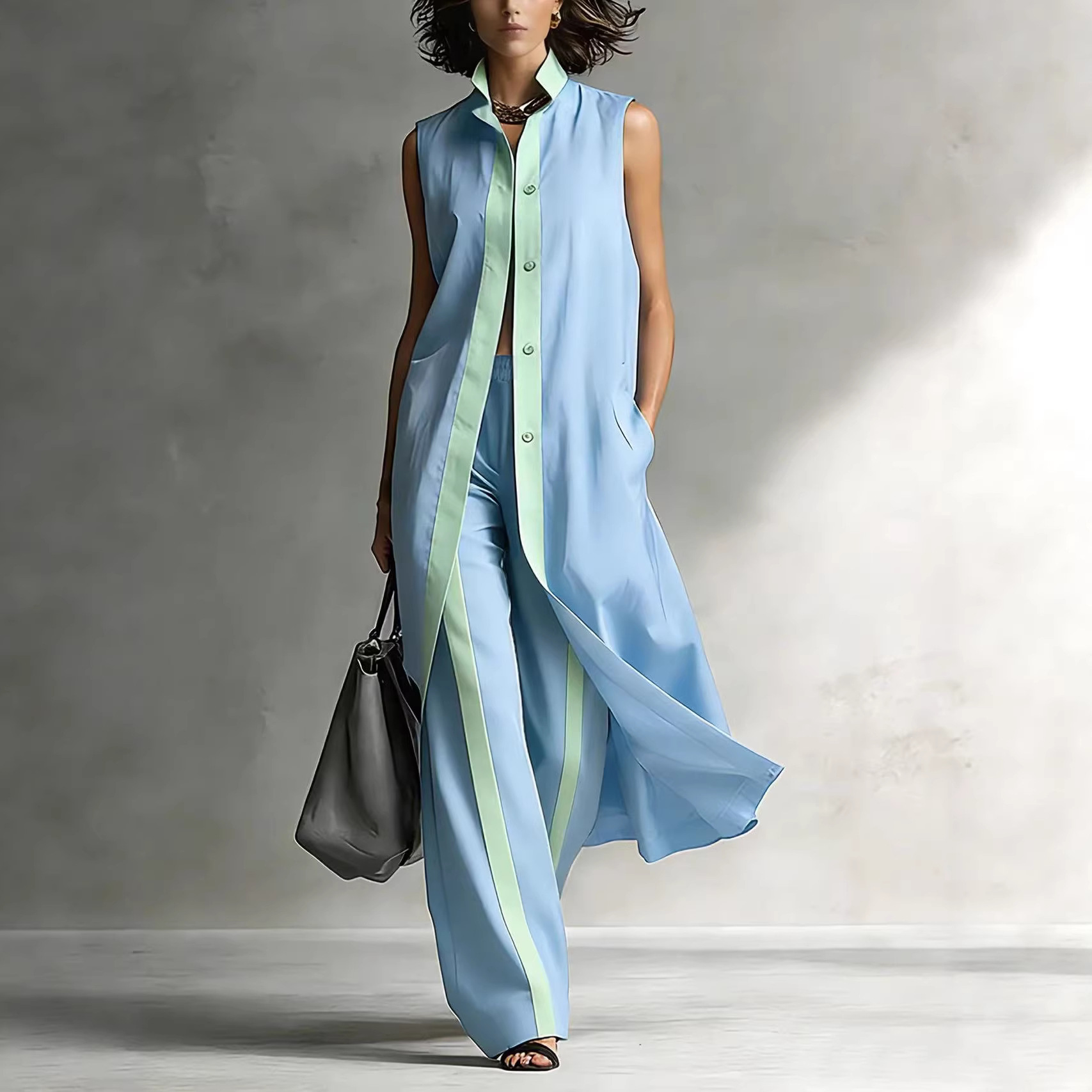 Street Fashion Vest - 2026 春夏の新しい女性カラーブロックルーズファッションデシンカジュアルベストカーディガンロングパンツセットスカイブルー