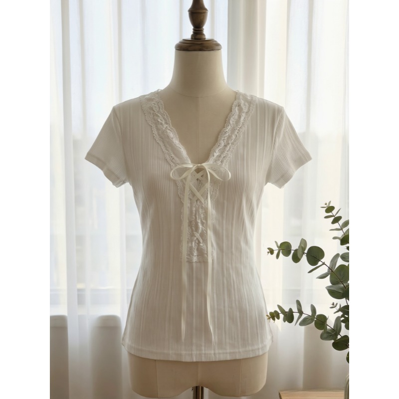 Street Fashion Korean Girl - ファッションネクタイ半袖 Tシャツ女性韓国スタイルエレガントなレーストリム V ネックトップ夏スリムフィットハイストリートガールトップス