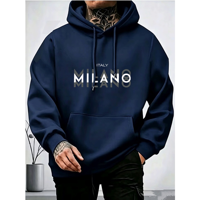 Street Fashion Milano - メンズ、フリース生地、春と秋のストリートファッション、MILANO文字プリントメンズフード付きスウェットシャツ、ニッチデザインのトレンディなアイテム