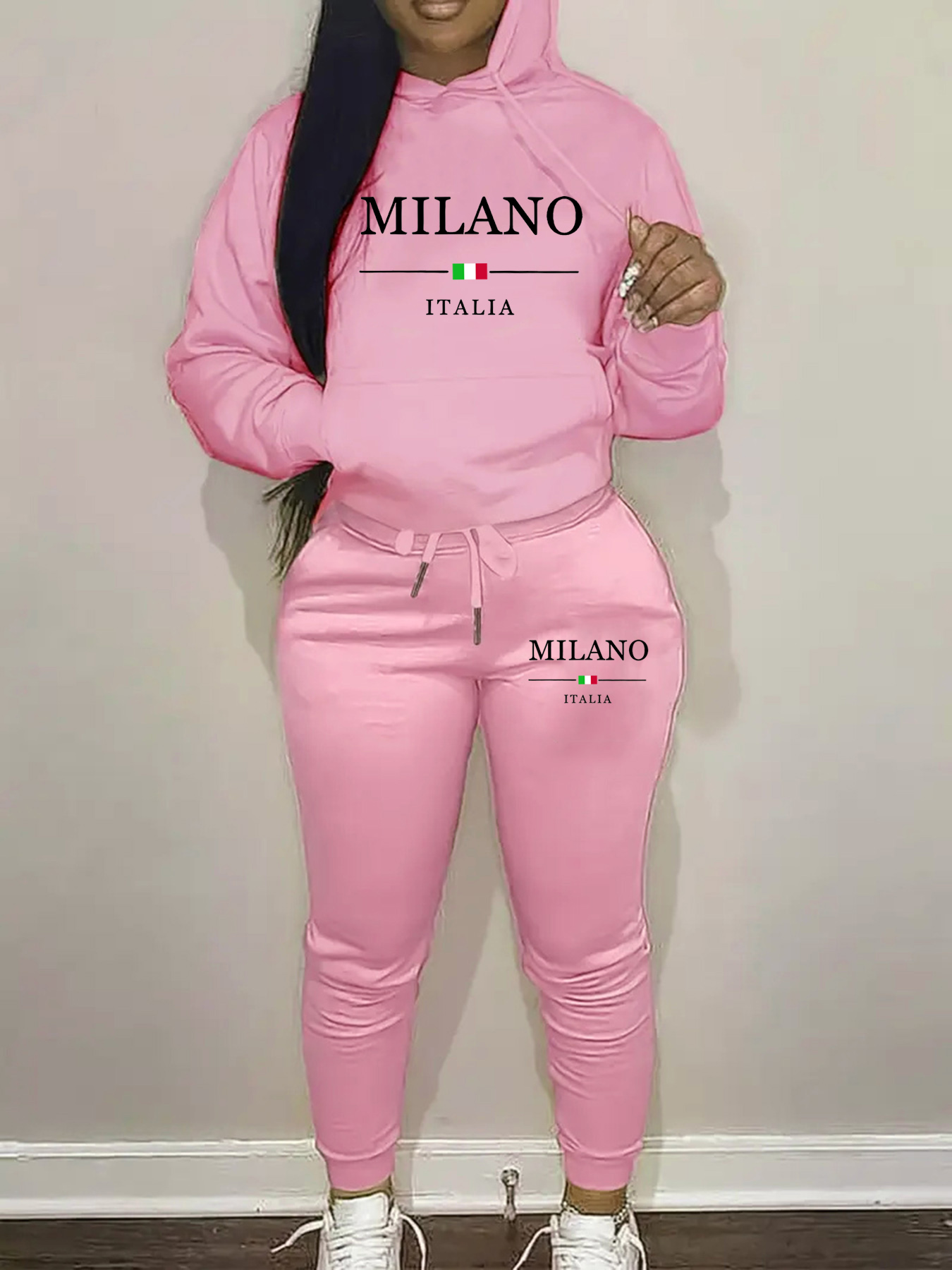 Street Fashion Milano - 女性の秋と冬のカジュアルファッションルーズヒップホップストリートミラノイタリアプリント暖かいフード付きスウェットシャツ+スポーツパンツセット