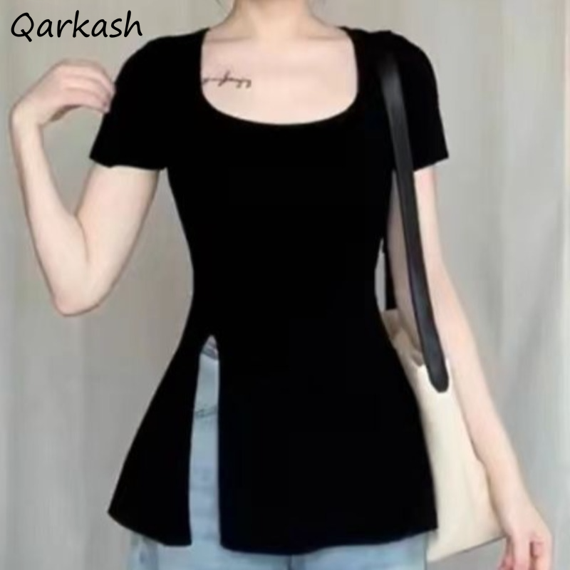 Street Fashion Korean Girl - 女性のためのミニマリストカジュアルTシャツ,スリットデザイン,オールマッチ,黒,無地,ラウンドネック,スリム,セクシー,女の子のための,ストリートファッション,夏