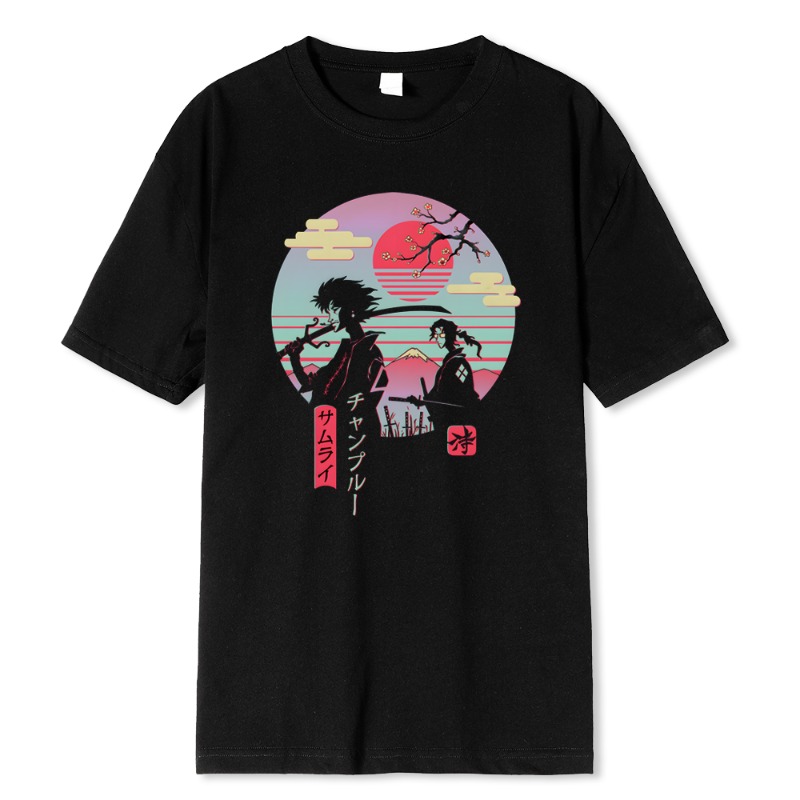 Street Fashion Walking - 2 日本のサムライウォーキングホームヒップホッププリント男性トップスファッションストリート Tシャツ夏カジュアルコットン Tシャツ特大ルーズ Tシャツ