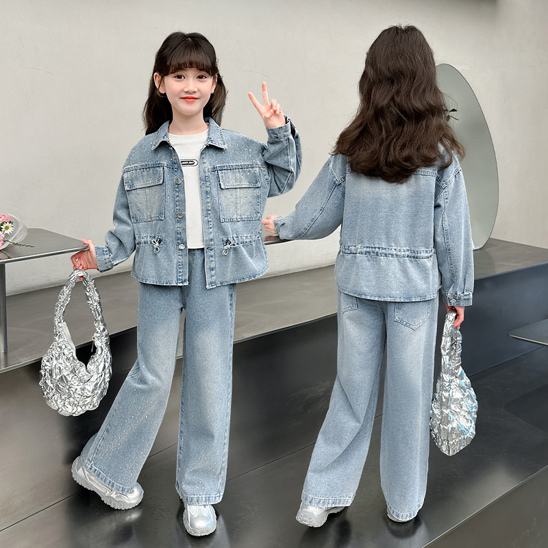 Street Fashion Korean Girl - カウガールファッションストリートデニム服セットジーンズとジャケット 2 ピース衣装スーツキッズガールカジュアルストリート服ジャージ