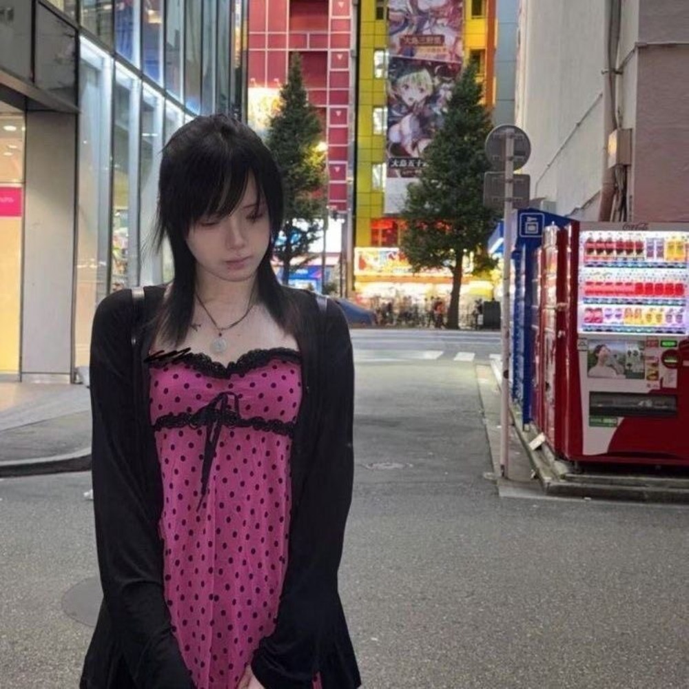 Street Fashion Vest - 和菓子 2 点セット女性ポルカドットホルターベスト Y2k レースパッチワークトップスシックなカーディガン原宿ファッションヴィンテージ衣装