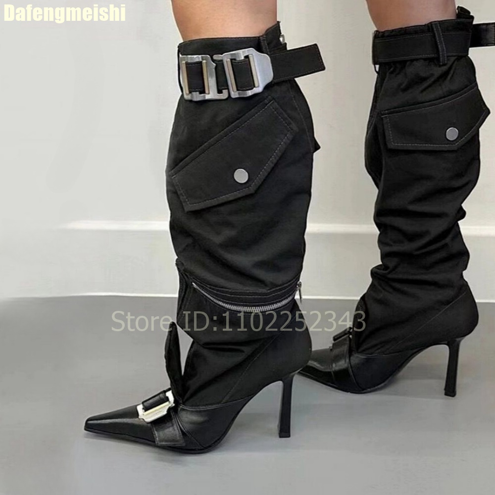 Street Fashion Rome - 2026年秋 レディース ニーハイブーツ メタルベルトバックル ポインテッドトゥ スティレットヒール