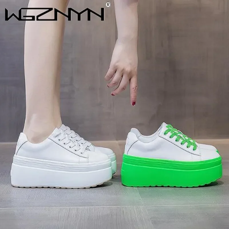 Chunky Sneaker Platform - 高級秋本革女性カジュアルシューズ超厚い 8 センチメートルプラットフォームウェッジ女性スニーカー分厚い靴夏スケートボード
