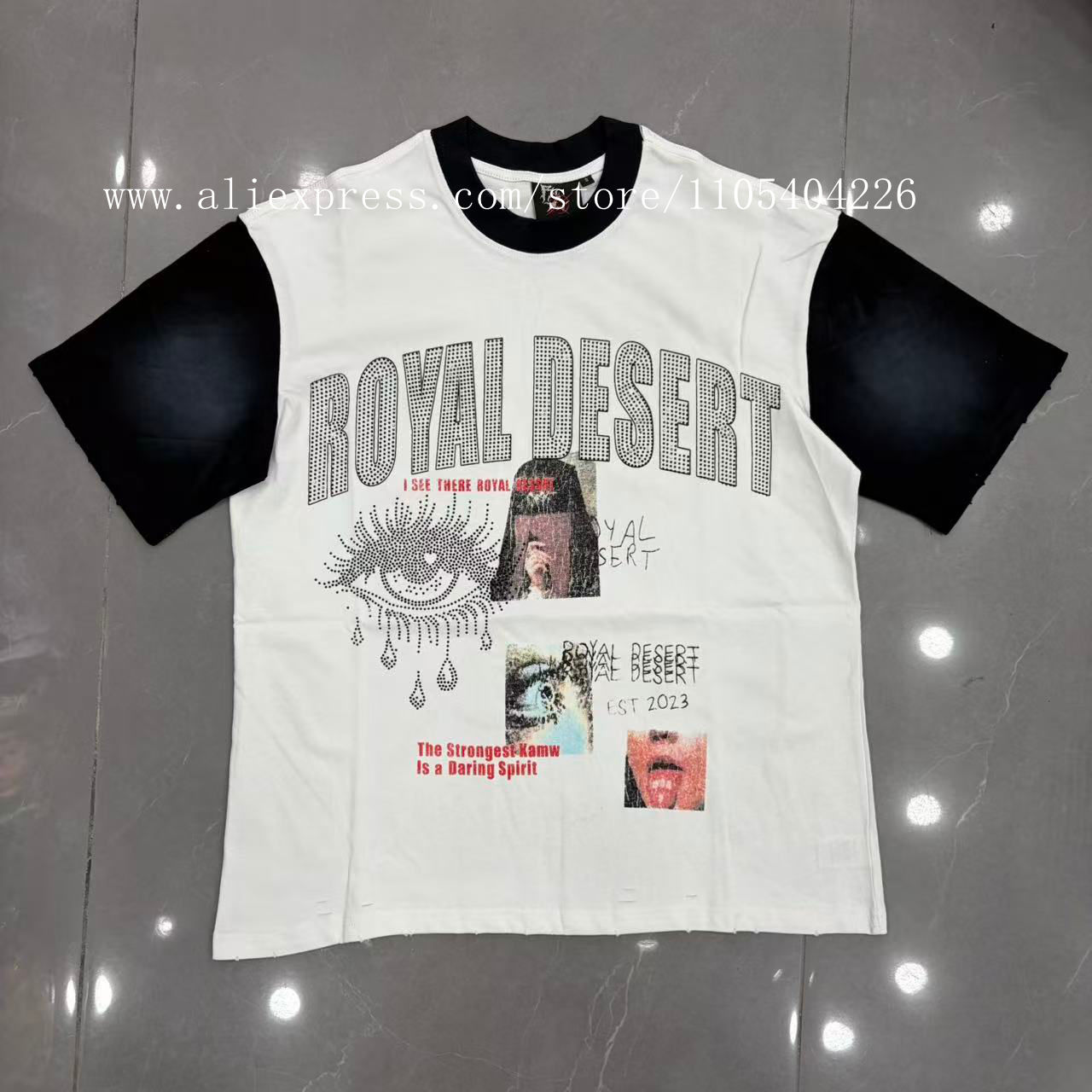 Street Fashion Definition - 高品質な新作ファッション、純綿半袖Tシャツ、ウォッシュ加工とパッチワークデザイン、ホワイトインクの直接プリント、高精細ラインストーン装飾、ゆったりとしたトレンディなハイストリート半袖