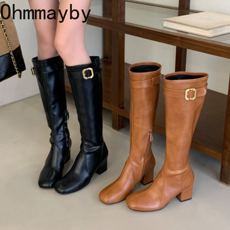 Street Fashion Rome - レディースレトロスクエアトゥニーハイブーツメタルバックルブロックヒールサイドジッパーナイトロングブーツカジュアルファッションレザートールブーツ