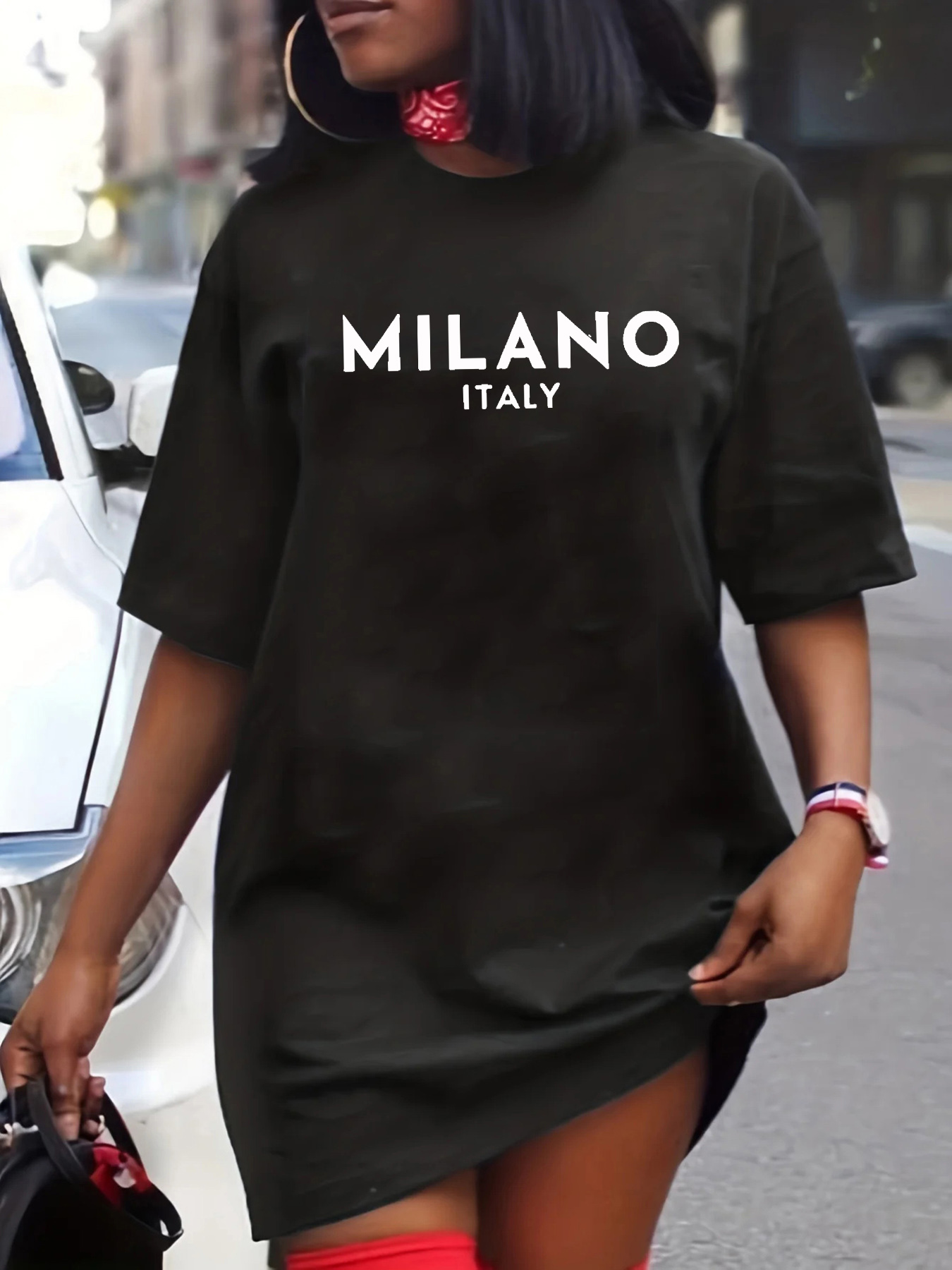 Street Fashion Milano - レディース春夏おしゃれカジュアルルーズMILANO ITALIAレタープリントラウンドネック半袖Tシャツワンピース
