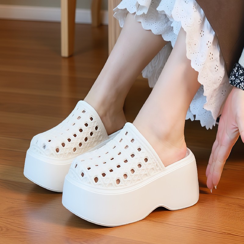 Chunky Sneaker Platform - チャンキー厚底7cmプラットフォームスリッパ レディース 中空穴あき通気性ミュールシューズ コンサイス女性身長アップサマースライド