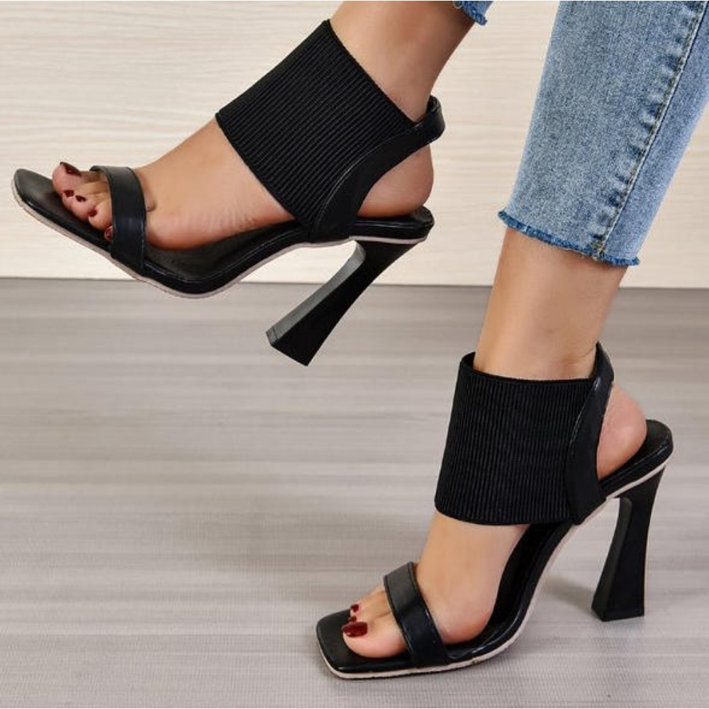 Street Fashion Rome - スクエアトゥハイヒールサンダル レディース エラスティックストラップ スリングバック ピラミッドヒールシューズ ファッション