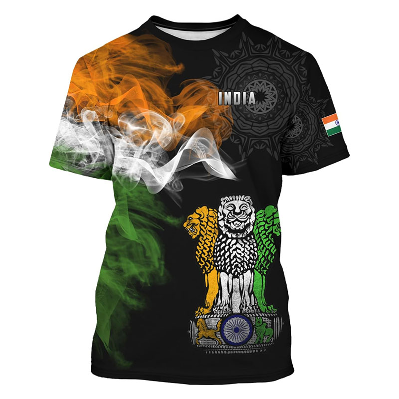 Street Fashion India - メンズインド国旗プリントTシャツ,クルーネック,半袖Tシャツ,象の3Dパターン,ストリートファッション,トレンド,新品