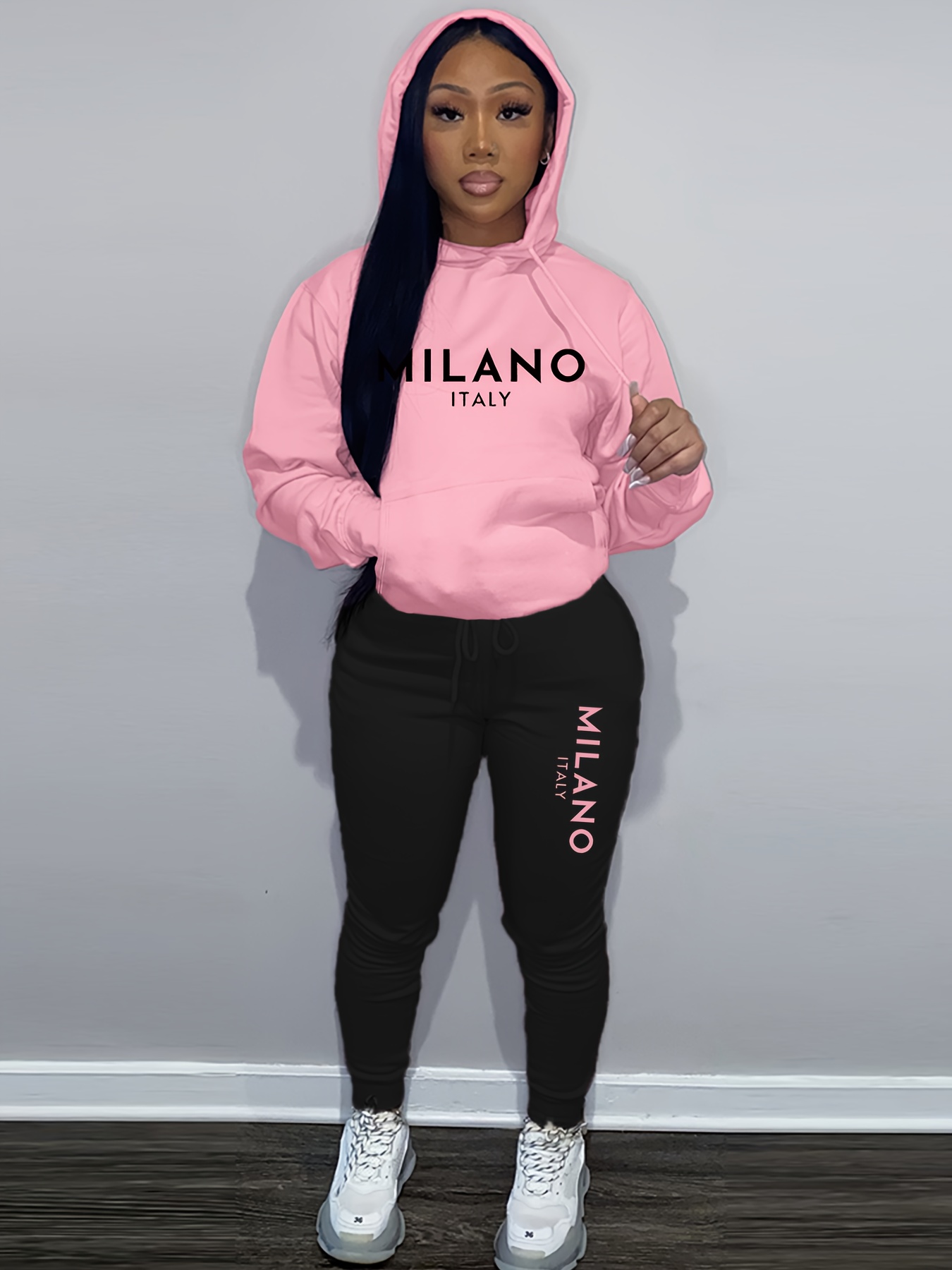 Street Fashion Milano - 女性の秋/冬のパーカー+スポーツパンツセットストリートカジュアルミラノイタリアレタープリントファッショナブルでベルベットの暖かい服