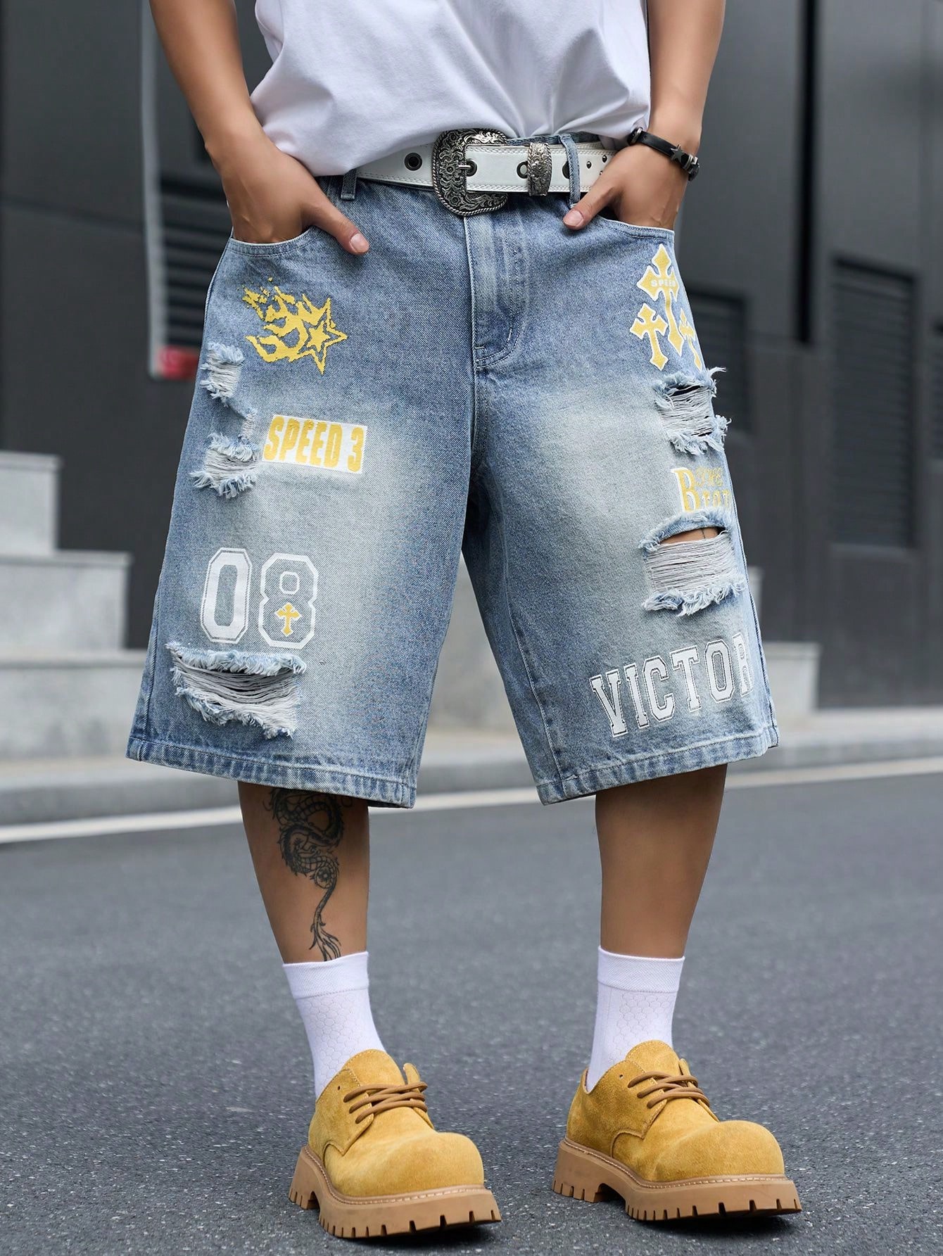 Street Fashion Hip Hop - メンズ ルーズフィット デニム バミューダ ショーツ、ヴィンテージ ダメージ加工