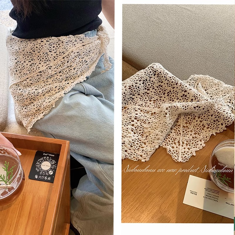 Bandana Multi Way - インベージュカラーの美的マルチウェイ スカーフ、アシンメトリープリントのウエストスカーフ、クロシェレイヤリングショール、ジャカードレースバンダナ（女性用）
