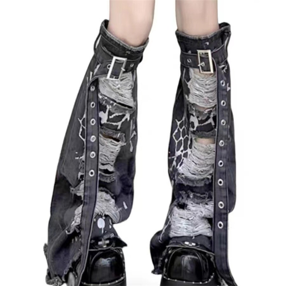 バックルベルト付きニーハイデニムストッキング、レッグウォーマ - Street Fashion In Japanese のレビューと価格