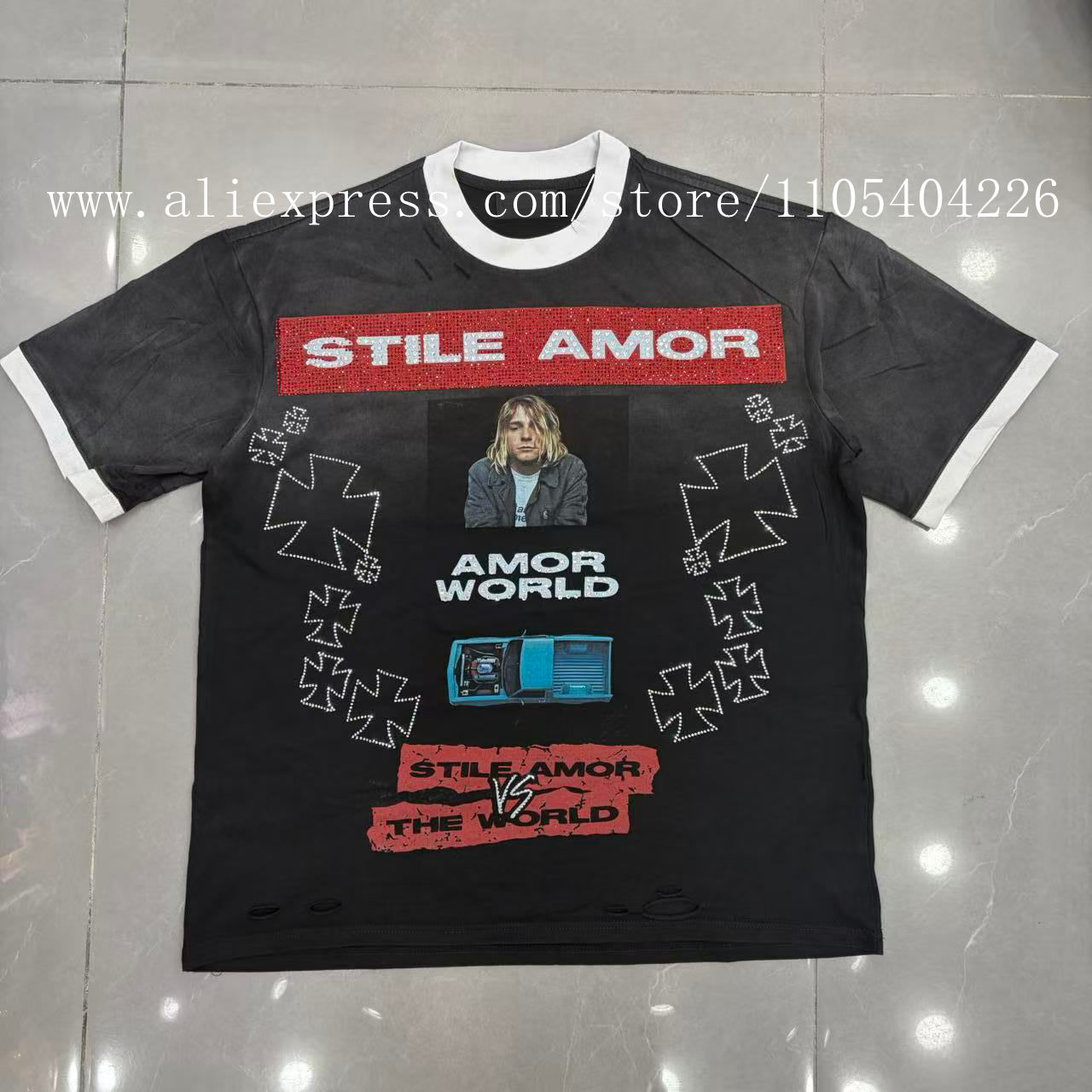 高品質ラインストーン装飾ファッション半袖Tシャツ、ホワイトイ - Street Fashion Definition のレビューと価格