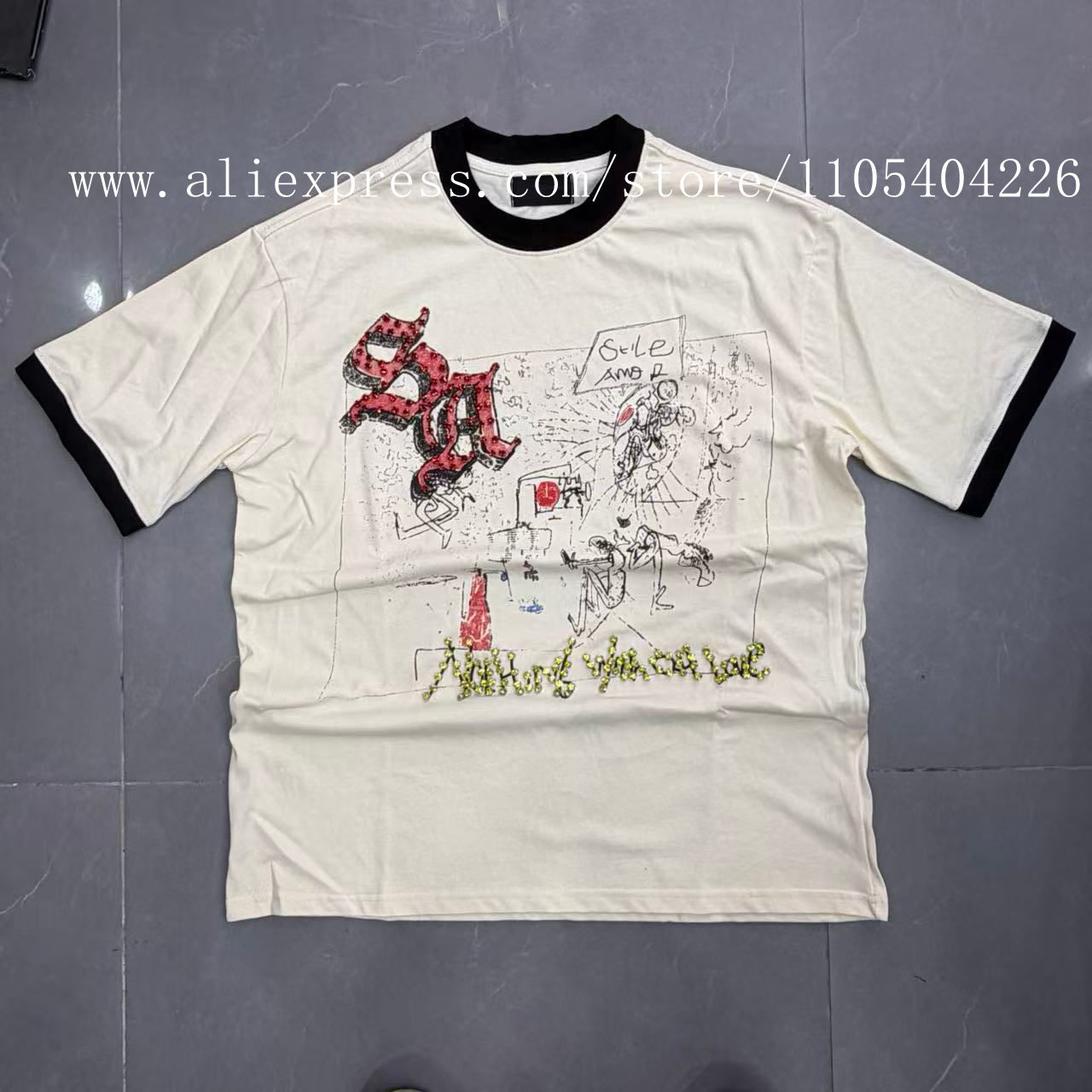 高品質ラインストーン装飾ファッション半袖Tシャツ、ホワイトイ - Street Fashion Definition のレビューと価格