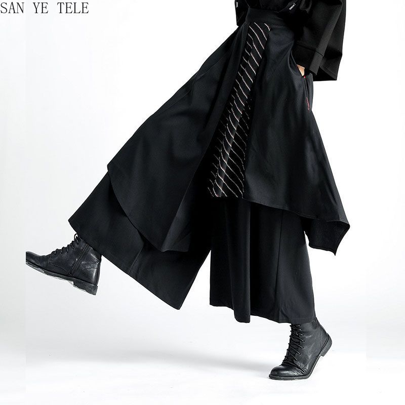 男性黒不規則なパンツ和風ストライプ装飾レジャーファッションル - Street Fashion In Japanese のレビューと価格