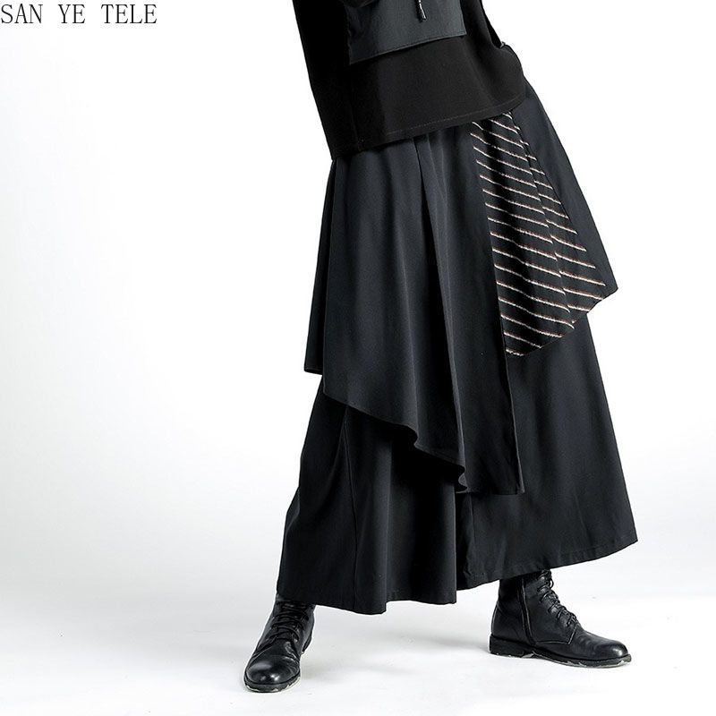 男性黒不規則なパンツ和風ストライプ装飾レジャーファッションル - Street Fashion In Japanese のレビューと価格
