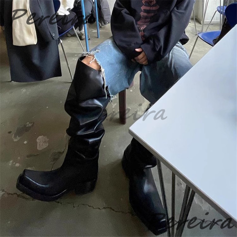 厚底ニーハイブーツ メンズ レディース ブラックレザー スク - Street Fashion Rome のレビューと価格