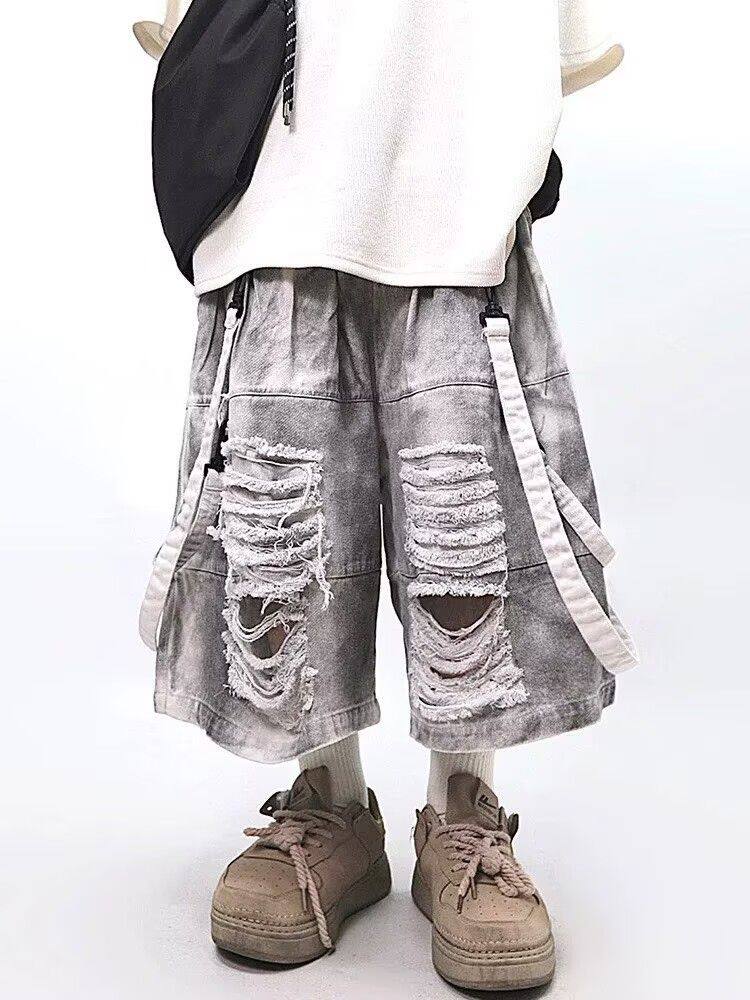 レトロヒップホップメンズリップドジーンズ夏アメリカンカジュア - Street Fashion Hip Hop のレビューと価格