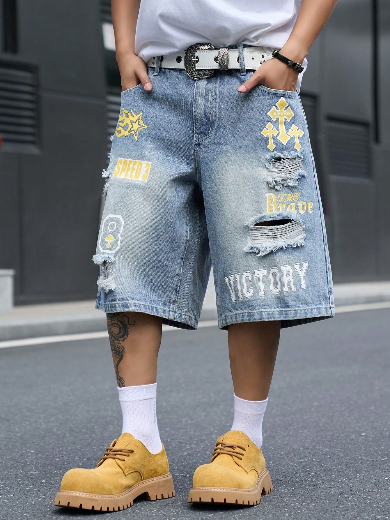 メンズ ルーズフィット デニム バミューダ ショーツ、ヴィン - Street Fashion Hip Hop のレビューと価格