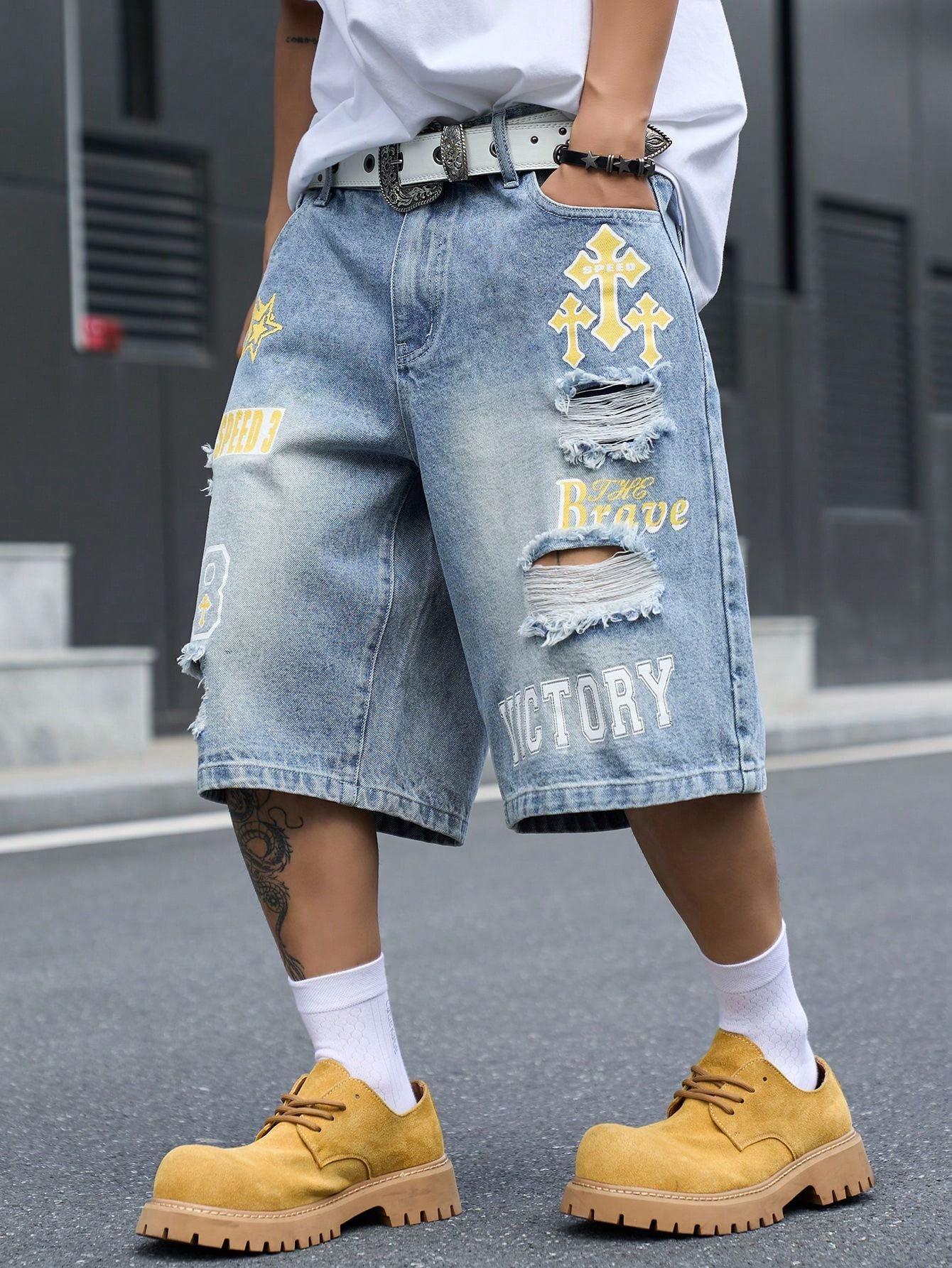 メンズ ルーズフィット デニム バミューダ ショーツ、ヴィン - Street Fashion Hip Hop のレビューと価格